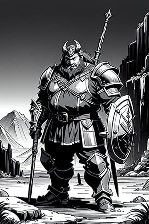 full figure; fantasy dwarf warrior; black&white; sketch; landscape minining site; d&d style; bulky and fat; sturdy; short; chubby; lord of the ring style; very long beard; big nose; full armor; horned helm; warhammer and shield; fulm helm; shield on the back; 2-handed battleaxe
