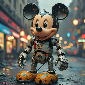 robo mickey mouse, ruined citalian ity background, no fur, mechanical face, LED eyes