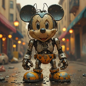 robo mickey mouse, ruined citalian ity background, no fur, mechanical face, LED eyes