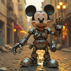 robo mickey mouse, ruined citalian ity background, no fur, mechanical face, LED eyes, arcane wizard