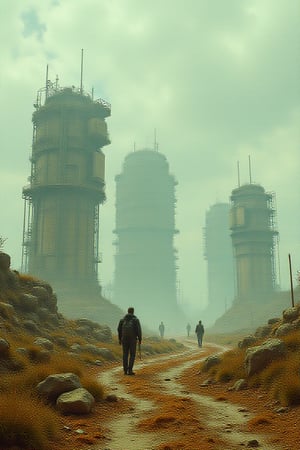 distant landscape of scrapped machines; style of Simon Stalenhag