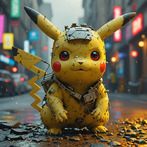 robo pikachu ruined citalian ity background, no fur, mechanical face, LED eyes