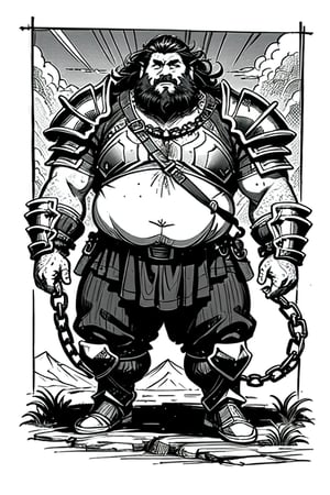 full figure; fantasy dwarf warrior; black&white; sketch; landscape minining site; d&d style; bulky and fat; sturdy; short; chubby; lord of the ring style; chainmail; very long beard; puffy nose; full armor
