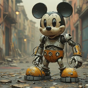 robo mickey mouse, ruined citalian ity background, no fur, mechanical face, LED eyes