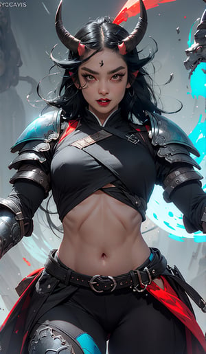 masterpiece, well illustrated, hd, charcoal particles, (((woman, long black hair (black, short horns), red left eye, light blue right eye, long eyelashes, round eyes, fangs, large body, heavy armor ))). (a scythe weapon in one hand), full body, purple light particles floating in the background, light, darkness, bags under the eyes, eyeliner ((watermark, Echo by Yawata)).,fantasy,Circle,weapon, lingerie, sexy