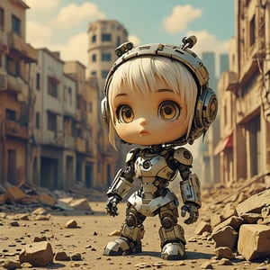 robo chibi, ruined city background, no fur