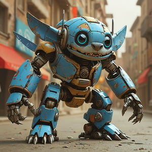 robo stitch disney, ruined citalian ity background, no fur, mechanical face, LED eyes, 4 arms, shoulder cannon