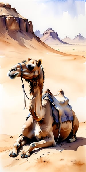 sketch of a camel sitting in the desert, watercolour, monochromatic, rich saddlebags and saddle, faded

