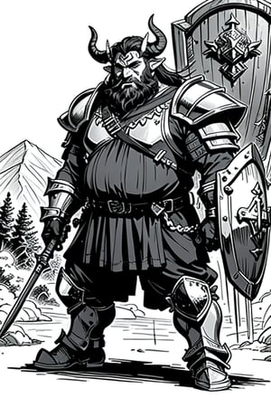 full figure; fantasy dwarf warrior; black&white; sketch; landscape minining site; d&d style; bulky and fat; sturdy; short; chubby; lord of the ring style; very long beard; big nose; full armor; horned helm; warhammer and shield; fulm helm; shield on the back; 2-handed battleaxe
