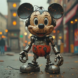 robo mickey mouse, ruined citalian ity background, no fur, mechanical face, LED eyes