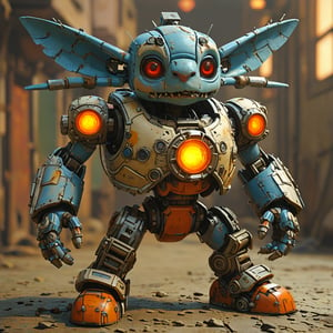 robo stitch disney, ruined citalian ity background, no fur, mechanical face, LED eyes, 4 arms, shoulder cannon