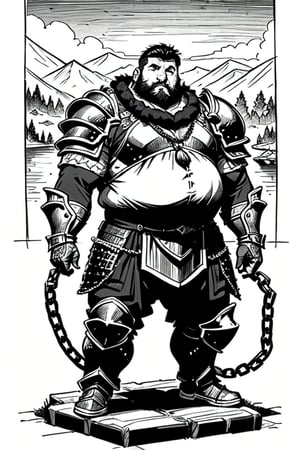 full figure; fantasy dwarf warrior; black&white; sketch; landscape minining site; d&d style; bulky and fat; sturdy; short; chubby; lord of the ring style; chainmail; long beard; puffy nose; full armor
