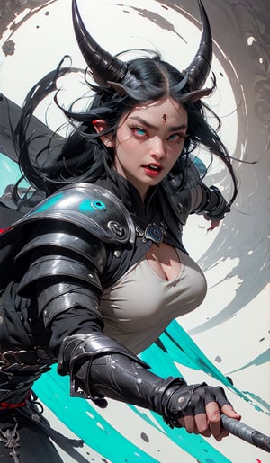 masterpiece, well illustrated, hd, charcoal particles, (((woman, long black hair (black, short horns), red left eye, light blue right eye, long eyelashes, round eyes, fangs, large body, heavy armor ))). (a scythe weapon in one hand), full body, purple light particles floating in the background, light, darkness, bags under the eyes, eyeliner ((watermark, Echo by Yawata)).,fantasy,Circle,weapon