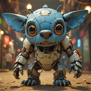 robo stitch disney, ruined citalian ity background, no fur, mechanical face, LED eyes