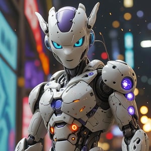 robo mewtwo ruined citalian ity background, no fur, mechanical face, LED eyes