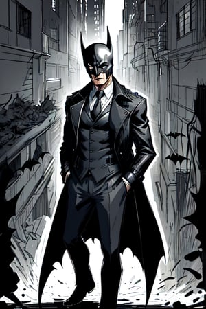 man with a trenchcoat, hands in his pocket, sketchlines, thin silouette, full figure, highly detailed, b&w, the batman
