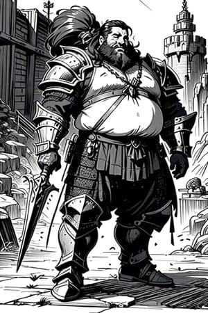 full figure; fantasy dwarf warrior; black&white; sketch; landscape minining site; d&d style; bulky and fat; sturdy; short; chubby; lord of the ring style; chainmail; long beard; puffy nose; full armor
