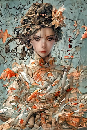 Robotic geisha, Photo, realistic, light refraction, ((acrylic with goldfish illustration embedded in desk)),  llngsh AND 1920s geisha, face, brunette, kimono goldfish look like they are swimming in Chinese letter panterns that spell ni hao, deep blue and light blue gradation, very beautiful, cool feeling piece, front view of face and full body head to toe angel woman facing the camera, full color Sketch book, highly detailed hand drawn, light, realistic sketch, dark orange and gold chiffon linen and flowing gossamer with ruffled silk under garments dress braded dark brown hair Rough sketch, mix of bold dark lines and loose lines, bold lines, on paper, beautiful angel facing camera, character model sheet, back view included on character sheet. female, Full body, runes, light hero theme, flowing partially braided hair, beautiful 8k photorealistic, 