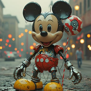 robo mickey mouse, ruined citalian ity background, no fur, mechanical face, LED eyes, giant lollypop