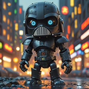 chibi robo dart vader ruined city background, no fur, mechanical face, LED eyes