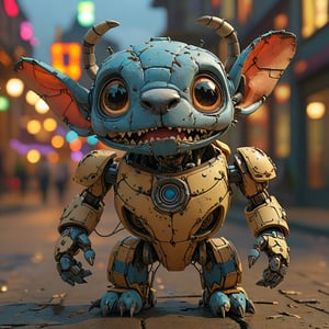 robo stitch disney, ruined citalian ity background, no fur, mechanical face, LED eyes, 4 arms