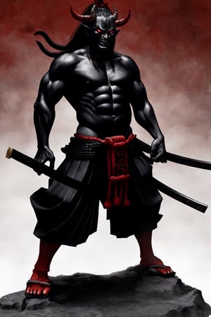 oni demon, male, full figure, standing pose, ultra detailed, evil, japanese version, samurai version, japanese village background, traditional japanese weapon