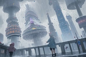 At the city's center stands the Weather Tower, a colossal structure that controls the city's unpredictable weather patterns. Each day, the tower's operators make whimsical decisions about the weather, causing sudden rainstorms, snowfall in summer, or even occasional showers of confetti. Fantasy citizens.