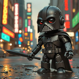 chibi robo dart vader ruined city background, no fur, mechanical face, LED eyes