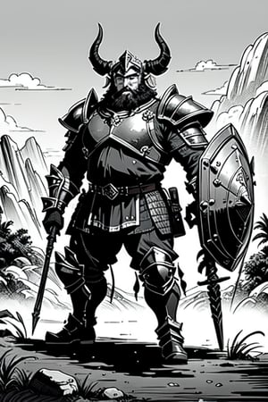 full figure; fantasy dwarf warrior; black&white; sketch; landscape minining site; d&d style; bulky and fat; sturdy; short; chubby; lord of the ring style; very long beard; big nose; full armor; ram horned helm; warhammer and shield; fulm helm; shield on the back; 2-handed battleaxe; fighting stance; charging attack
