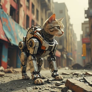 robo cat, ruined city background