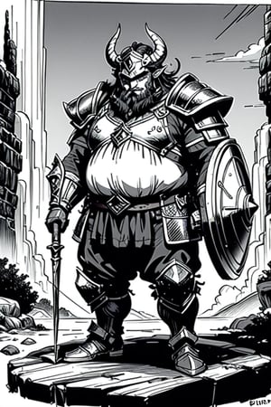 full figure; fantasy dwarf warrior; black&white; sketch; landscape minining site; d&d style; bulky and fat; sturdy; short; chubby; lord of the ring style; very long beard; big nose; full armor; horned helm; warhammer and shield; 
