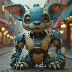 robo stitch disney, ruined citalian ity background, no fur, mechanical face, LED eyes