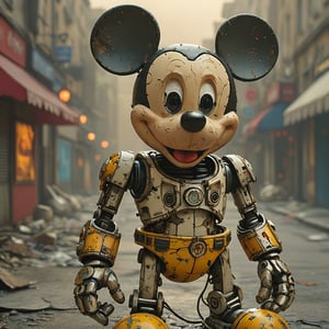 robo mickey mouse, ruined citalian ity background, no fur, mechanical face, LED eyes