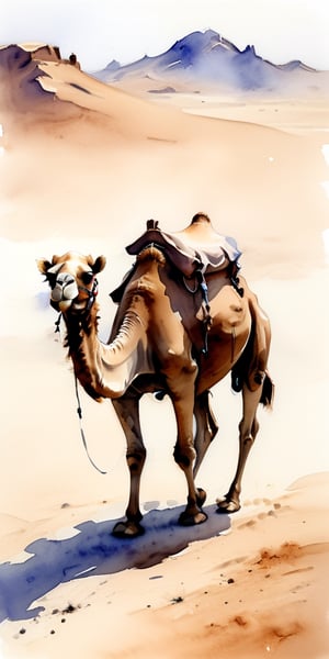 sketch of a camel walking in the desert, watercolour, monochromatic, rich saddlebags and saddle

