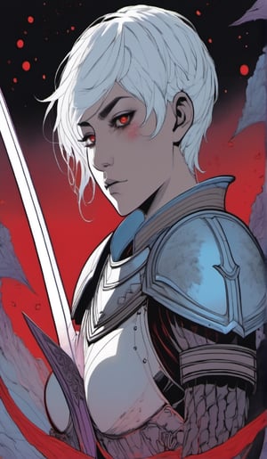 masterpiece, well illustrated, hd, charcoal particles, (((man, short white hair (black, short horns), red left eye, light blue right eye, long eyelashes, round eyes, fangs, large body, heavy armor ))). (a scythe weapon in one hand), full body, purple light particles floating in the background, light, darkness, bags under the eyes, eyeliner ((watermark, Echo by Yawata)).,fantasy,Circle,weapon, blue_tunic, sexy