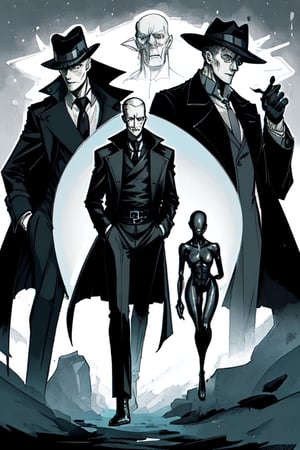 man with a trenchcoat, hands in his pocket, sketchlines, thin silouette, full figure, highly detailed, b&w, the sandman
