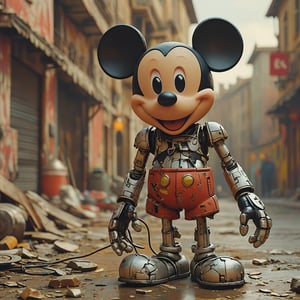 robo mickey mouse, ruined citalian ity background, no fur, mechanical face, LED eyes