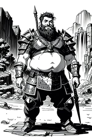 full figure; fantasy dwarf warrior; black&white; sketch; landscape minining site; d&d style; bulky and beer belly; sturdy; short; chubby; lord of the ring style; chainmail; long beard; puffy nose; full armor
