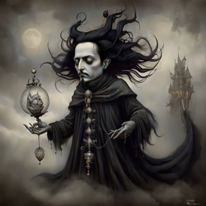 sandman_king_of_dreams, in the style of esao andrews, baroque, black_hair, b&w, gothic