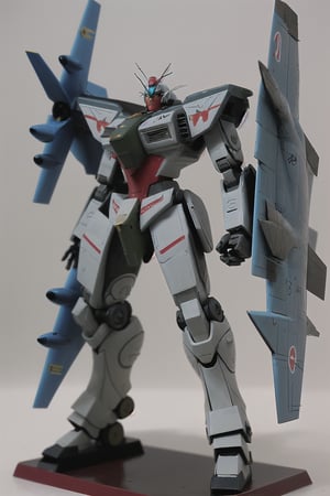 macross_mecha, full figure, F14_tomcat, super_robot, flying_pose, humanoid, combat_airplane, blue, camouflage_paint, full_face_mask, beefy, shoulder cannon, standing pose, big rifle
