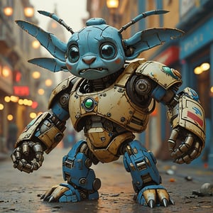 robo stitch disney, ruined citalian ity background, no fur, mechanical face, LED eyes, 4 arms, shoulder cannon