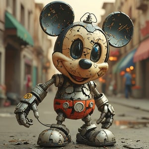 robo mickey mouse, ruined citalian ity background, no fur, mechanical face, LED eyes