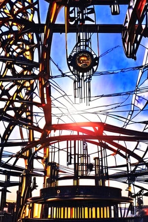 A massive mechanical sun that hangs in the city's center, its gears and cogs constantly whirring. It serves as both a timekeeping device and a mesmerizing spectacle during its daily "sunset."