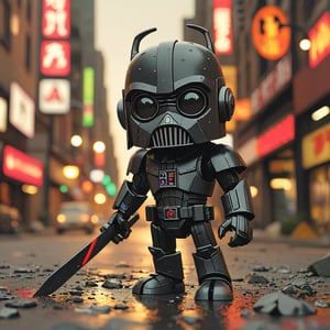 chibi robo dart vader ruined city background, no fur, mechanical face, LED eyes