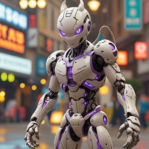 robo mewtwo ruined citalian ity background, no fur, mechanical face, LED eyes