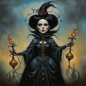 evil mage, in the style of esao andrews, baroque, black_hair, gothic