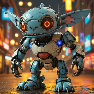 robo stitch disney, ruined citalian ity background, no fur, mechanical face, LED eyes, 4 arms