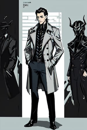 man with a trenchcoat, hands in his pocket, sketchlines, thin silouette, full figure, highly detailed, b&w, loki
