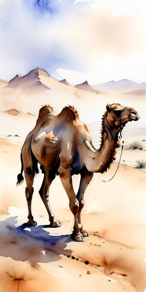sketch of a camel walking in the desert, watercolour, monochromatic

