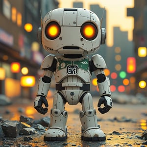 chibi robo stormtrooper ruined city background, no fur, mechanical face, LED eyes